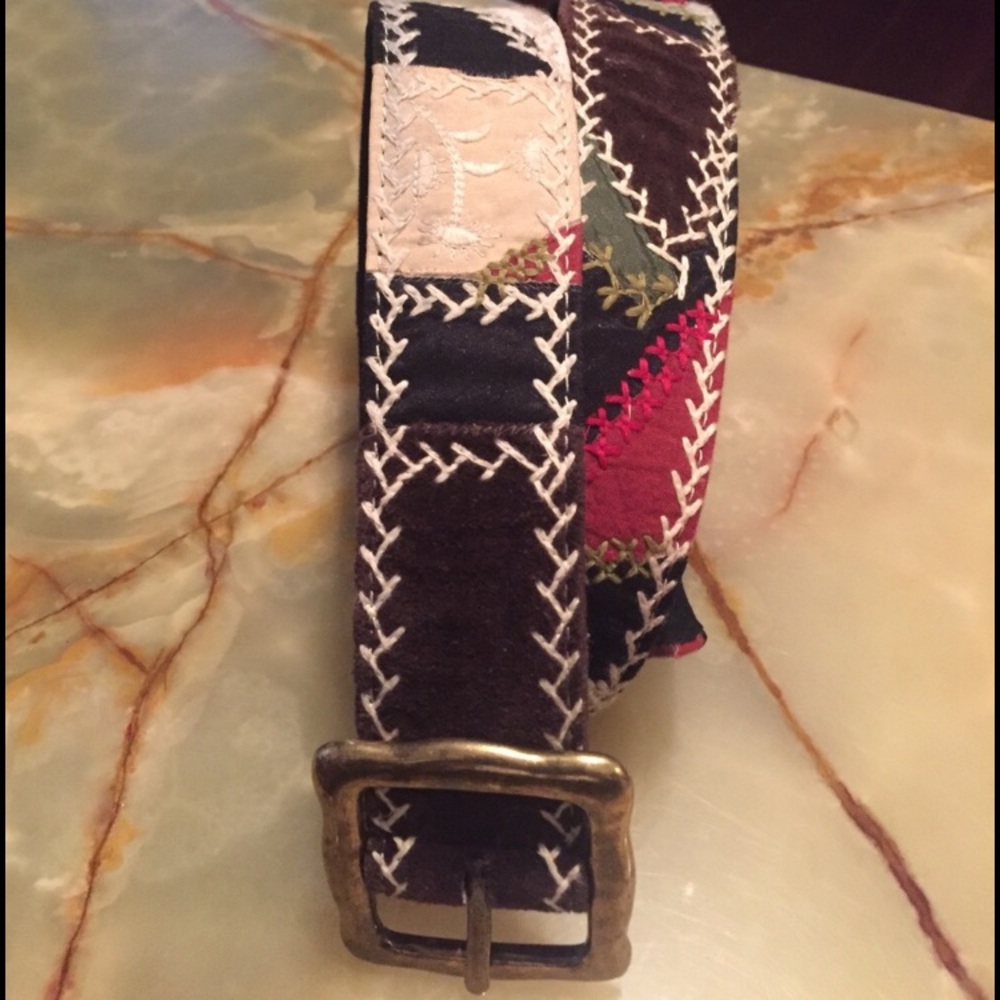Lucky Brand Brown Patchwork Embroidered Belt with Red and Cream Accents